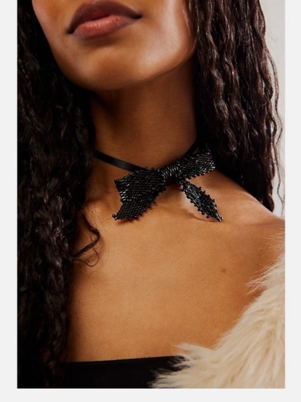 New! Free People “Backstage Pass” Black Beaded Bow Choker Necklace